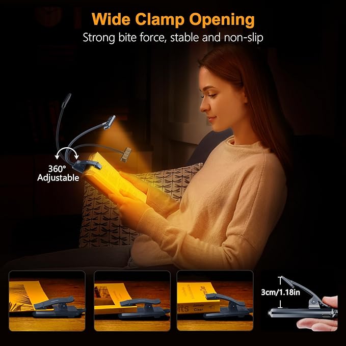 Gritin 19 LED Rechargeable Book Light for Reading in Bed with Memory Function- Eye Caring 3 Color Temperatures,Stepless Dimming Brightness,80 Hrs Runtime Clip on Light for Book Lovers-Pacific Blue