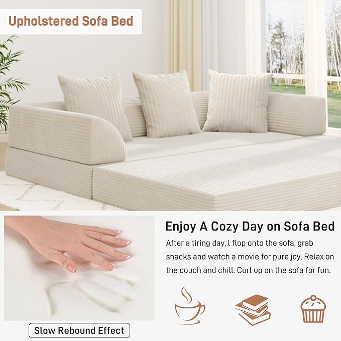 Folding Convertible Sofa Bed with 3 Pillows, 79 " Corduroy Boneless Couch with Armrest Pockets, Lounge Loveseat Sleeper with Pull Out Bed, Memory Foam Compressed Sofa for Living Room Bedroom, Beige