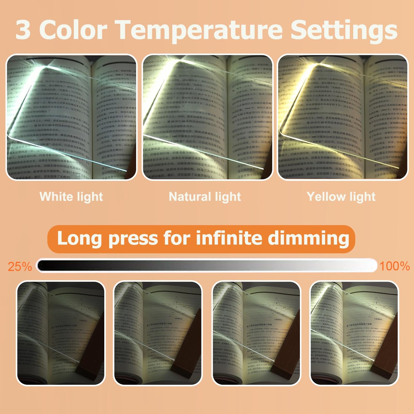 AVEKI Book Light, Dimmable LED Reading Light 3 Color Flat Book Lamp for Reading, Rechargeable Page Light with Wooden Base and Scratch-Resistant Panel, Portable Gifts for Kids Eye Protection (Wood)