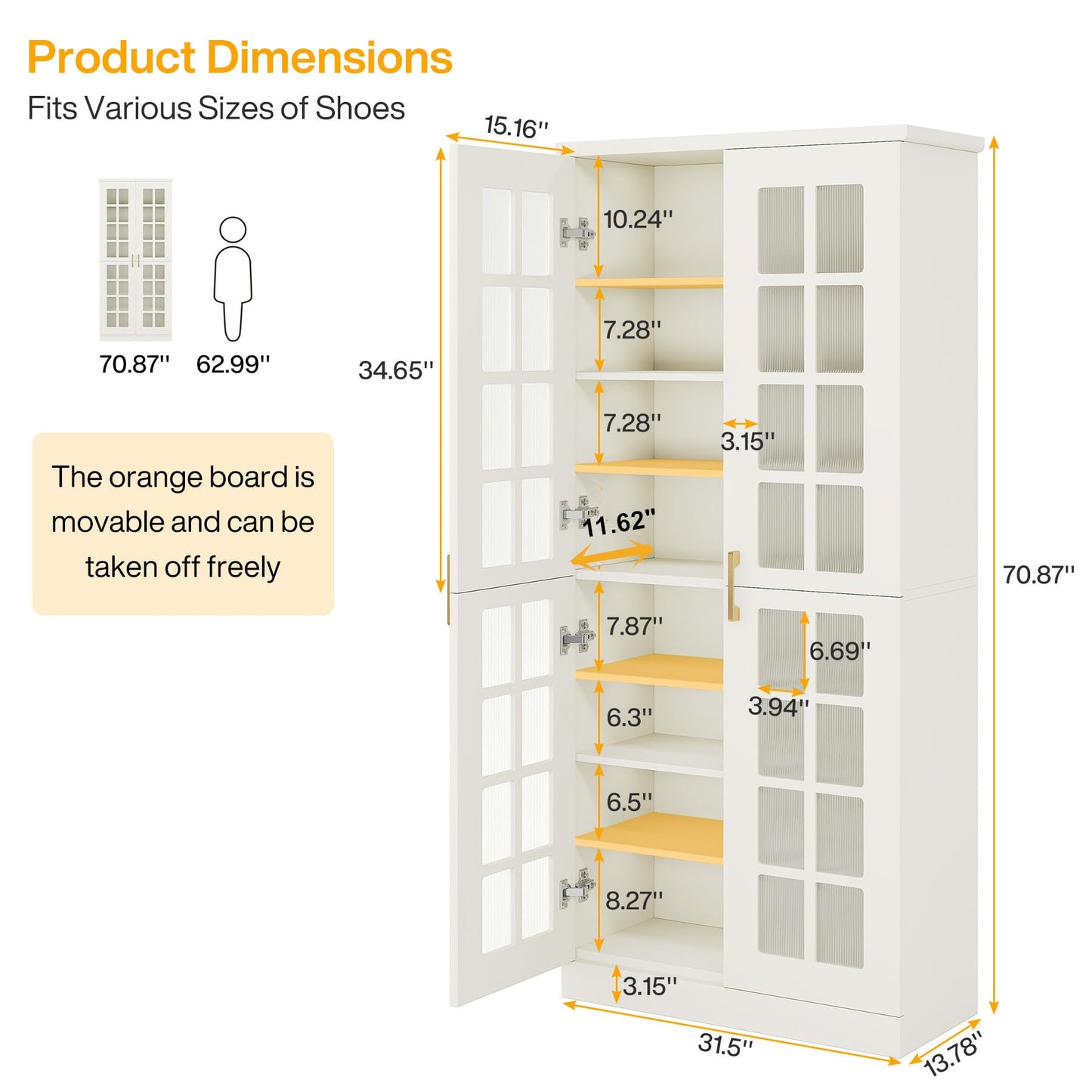 Tribesigns 71-Inch Tall Shoe Cabinet with Doors, 8-Tier Shoe Storage with Adjustable Shelves, Modern Shoe Organizer Shoe Rack Cabinet for Entryway, Hallway, Closet, Living Room, White and Gold
