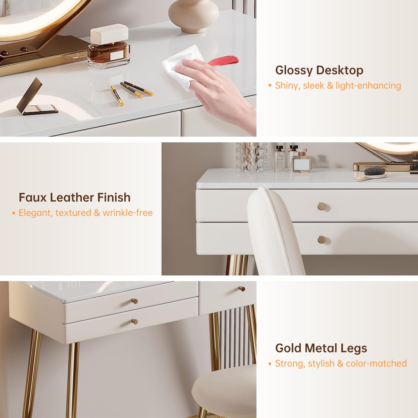KDCAS Vanity Desk with Mirror and Lights| 39" Beige Modern Makeup Vanity Set with Drawers & Adjustable Chair| White and Gold Dressing Table for Small Spaces & Bedroom