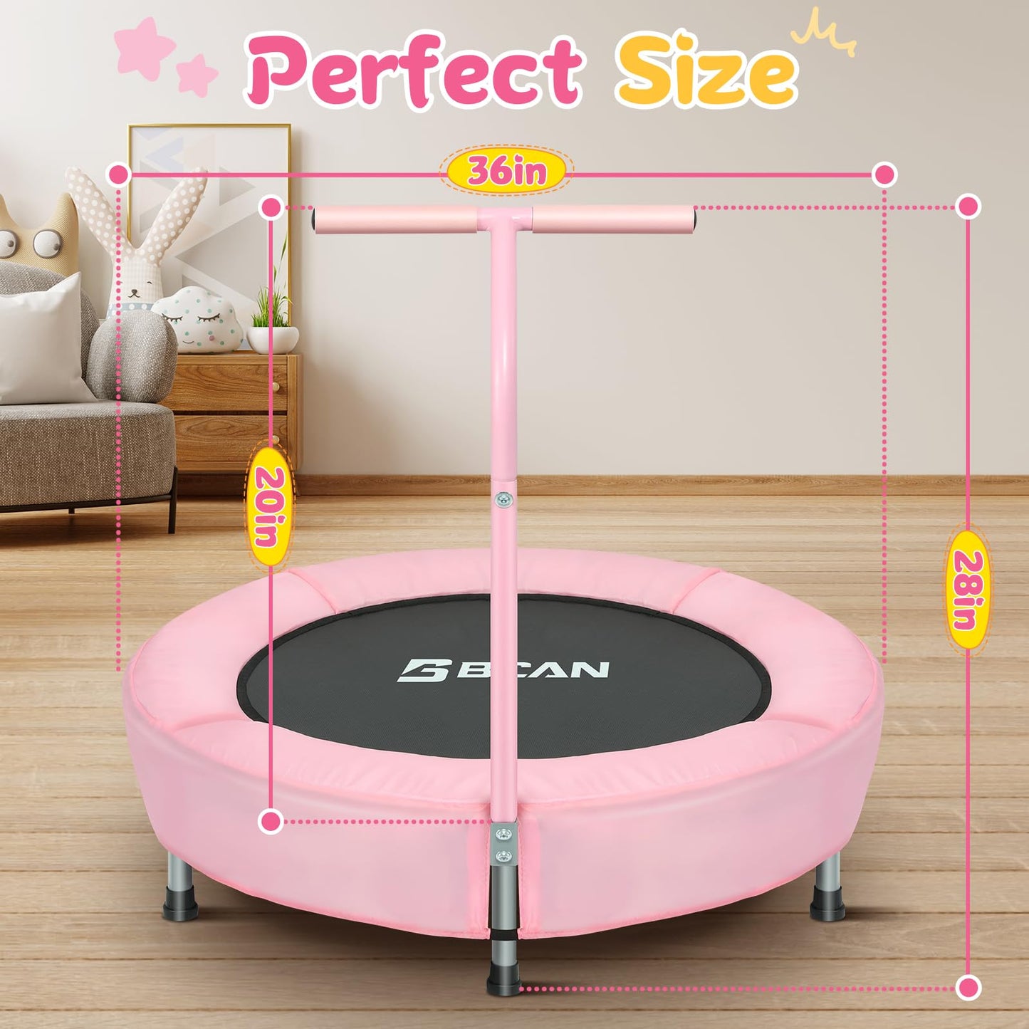 BCAN 36'' Mini Folding Ages 2 to 5 Toddler Trampoline with Handle for Kids, Indoor/Garden Toddlers Trampoline with Super Safe Cover for Toddlers, Pink