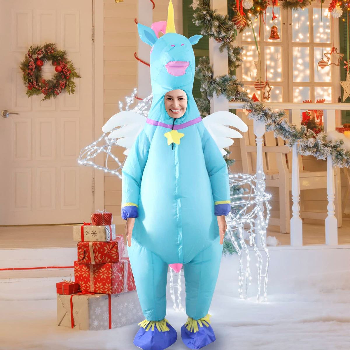 SHDEJTG Inflatable Costume Unicorn Full Body Unicorn Air Blow-up Deluxe Halloween Costume - Adult Size, Blue