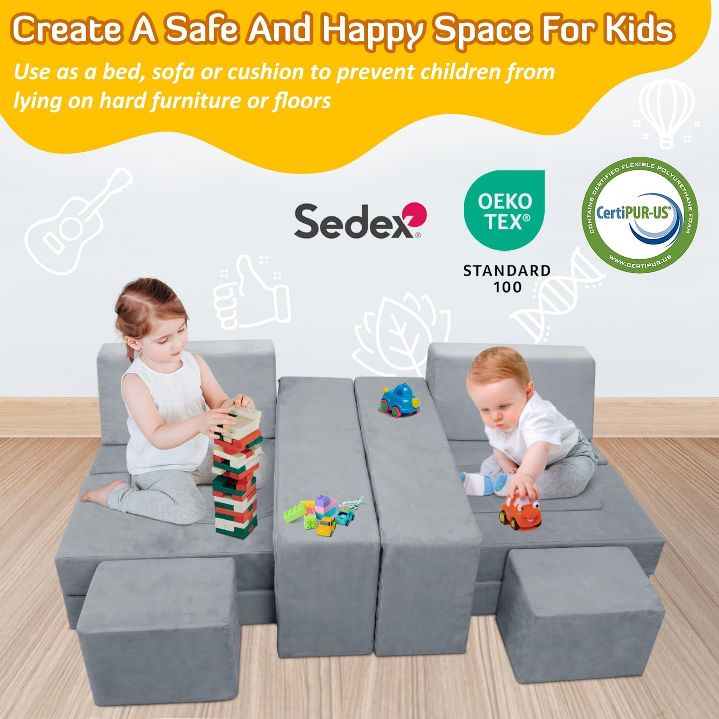 INFANZIA 16PCS Kids Play Couch, Modular Toddler Foam Sofa for Teens, Child Sectional Sofa Furniture for Playroom Bedroom, Couch Gift for Imaginative Boys and Girls