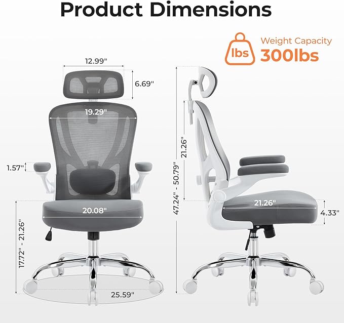 shipborne Office Chair Ergonomic Office Chair with Lumbar Support, Head Support, Rocking Function, FILP-up Armrests, Mesh High Back Chair Home Office Desk Chair, Suitable for Home, Office, Grey