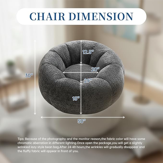 Giant Bean Bag Chair for Adults – Large Comfy Stuffed Sofa Seat with Spacious Design for Reading, Gaming, or Relaxing (Blue-Gray)