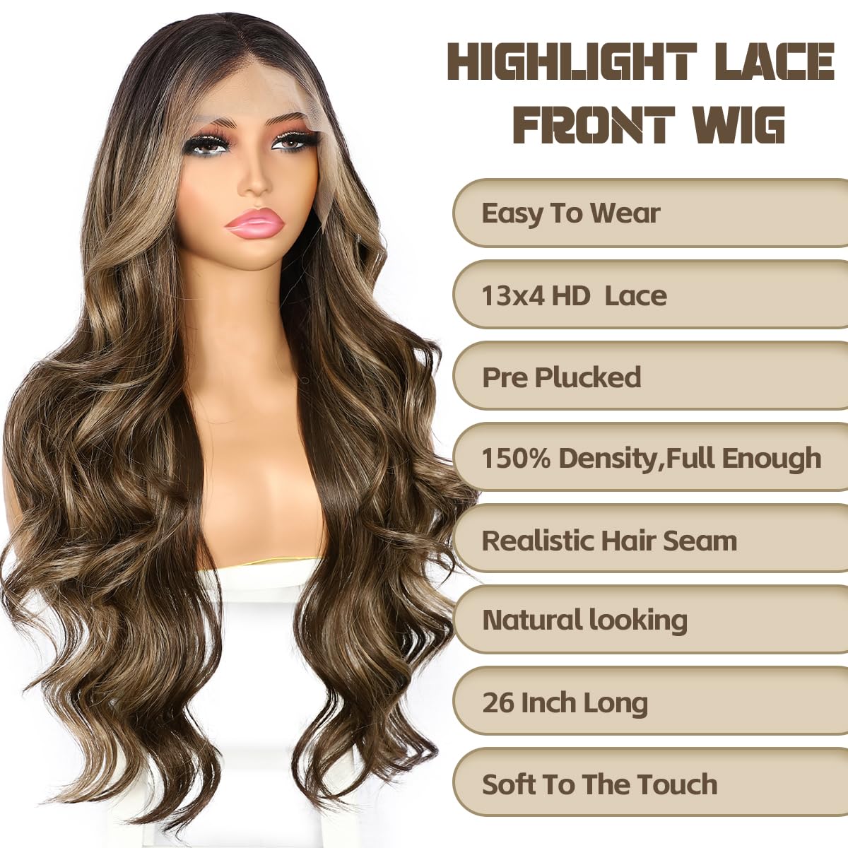 BABEHERS Brown Lace Front Wig for Women 13x4 Highlight synthetic Wig Pre-plucked Body Wave Long Wavy 150% Density Heat Resistant