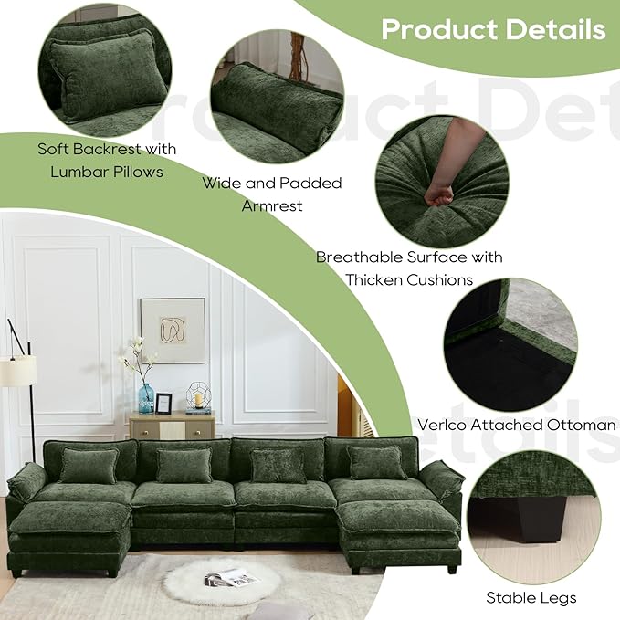 Oprisen 154" Modular Sectional Sofa, Comfy Cloud Couch Sectional Sofa with Ottoman, Chenille Sofa Sleeper Deep Seat Sofa with Throw Pillows for Living Room (Green, 154"- U Shape)