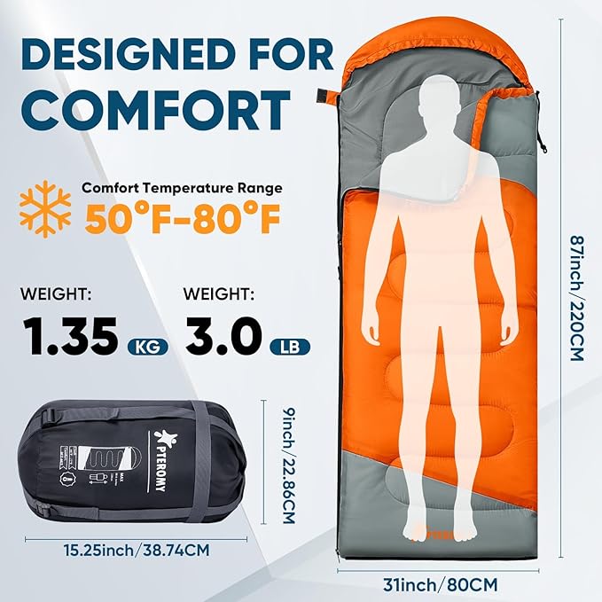 PTEROMY Sleeping Bags for Adults, Lightweight and Machine Washable, Water Resistant Backpacking Camping Sleeping Bag for Warm Cold Weather, Camping Essentials for Hiking Travel