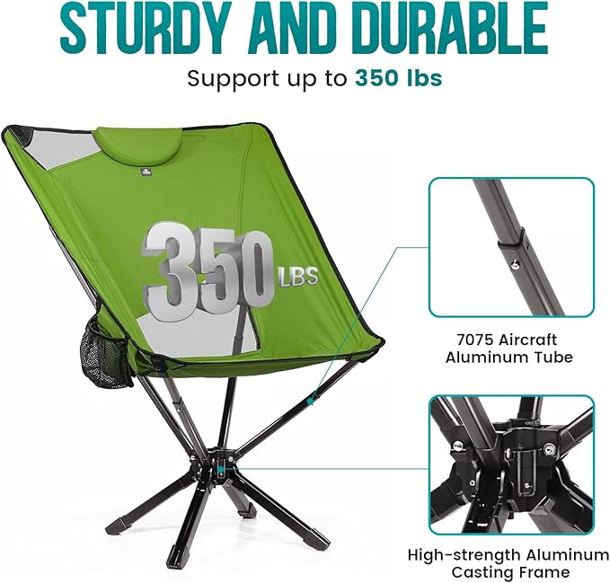TCEK Portable High Back Camping Chair with Adjustable Height, Small Compact Outdoor Folding Chair for Adults Travel, Riselite Collapsible Lightweight Packable Camp Chairs, Easy Carry and Quick Setup