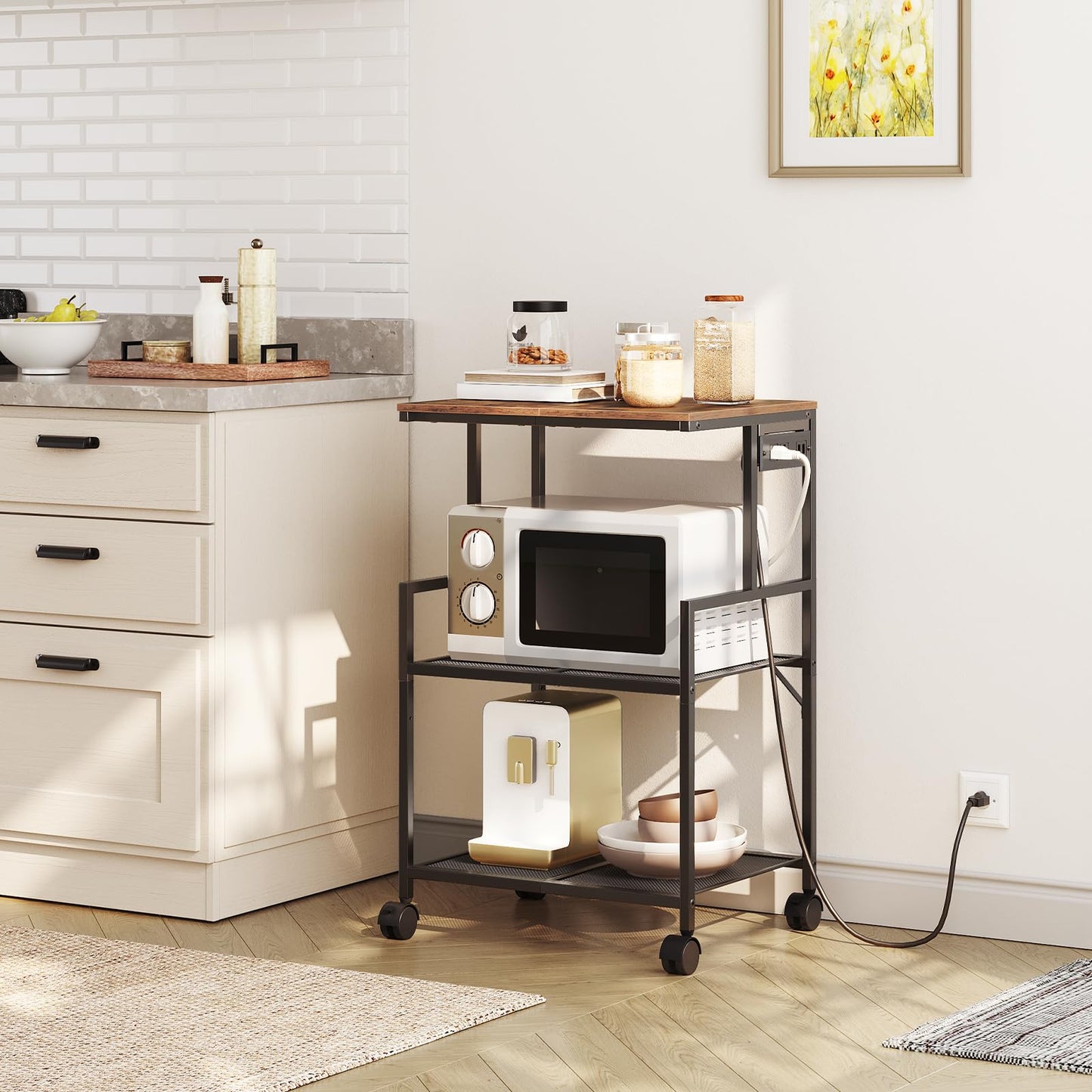 MAHANCRIS Mobile Printer Stand, 3-Tier Industrial Printer Cart with Power Outlets and 2 USB Ports, Rolling Printer Table on Wheels for Home Offices Kitchen Organization Rack, Rustic Brown PTHR78E01