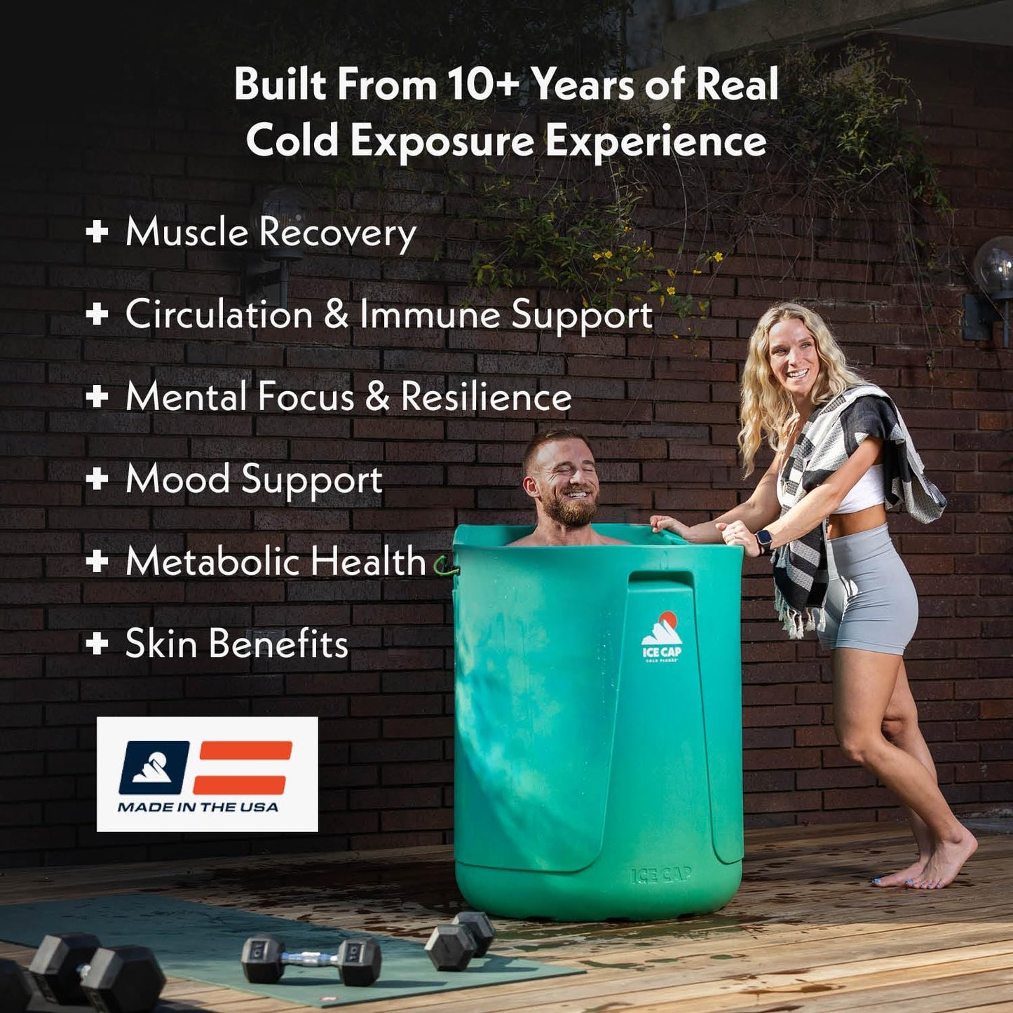 Ice Cap Cold Plunge Tub - Vertical Ice Bath for Athletes, Cold Water Therapy & Recovery, Space-Saving Design, Built-in Step & Bench, 3/4" Chiller & Drainage Ports, Made in USA (Polar)