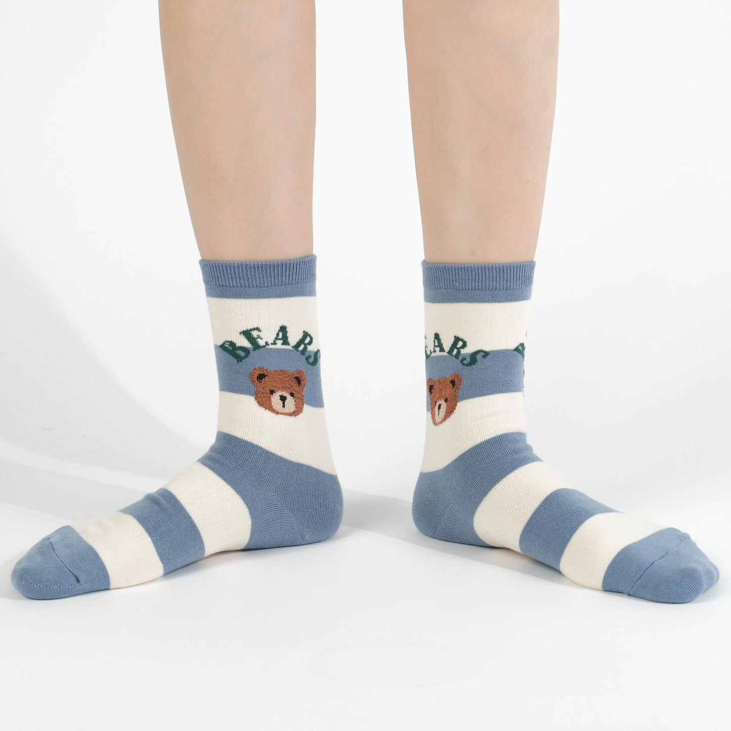 kikiya socks Women Cute Crew | 5 Pairs Cute Bear Character Graphic Print and Striped Designed White Black Ivory Brown Colored Daily Cotton Socks | Womens Ladies Girls Gift | Bear B