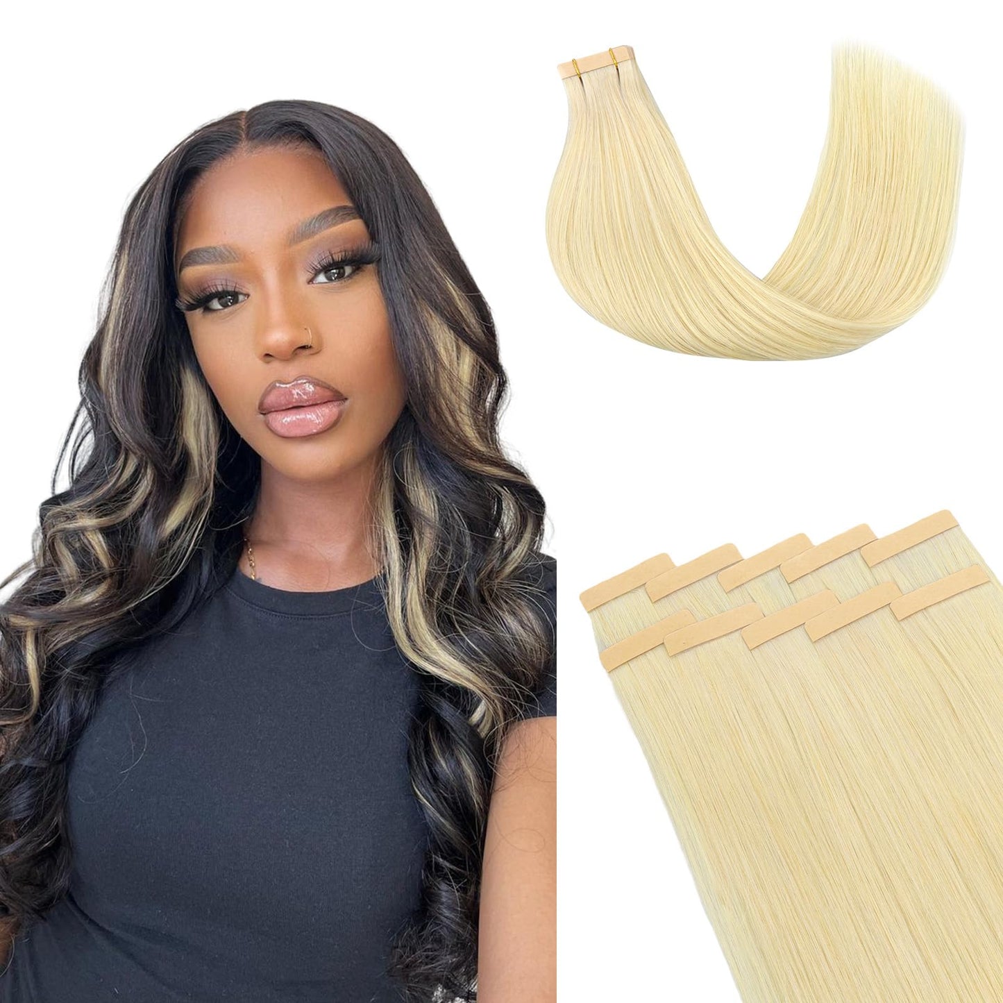 Lashey Human Hair Extensions 25g 10pcs 18 Inch #613 Blonde Tape in Extensions with Highlighted Effect Straight Invisible Hair Ex