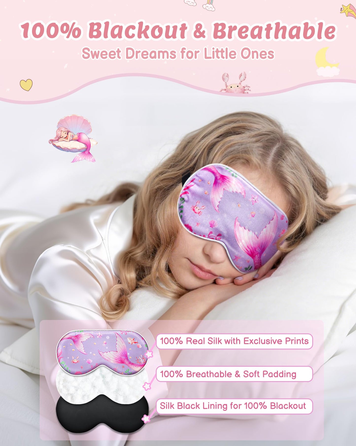 BeeVines Kids 100% Real Mulberry Silk Sleep Mask 2 Pack, Original Design Pure Silk Sleeping Eye Masks for Girls, Skin-friendly Blackout Eye Cover, Adjustable Strap, Reduce Puffy Eyes, for Travel Gifts