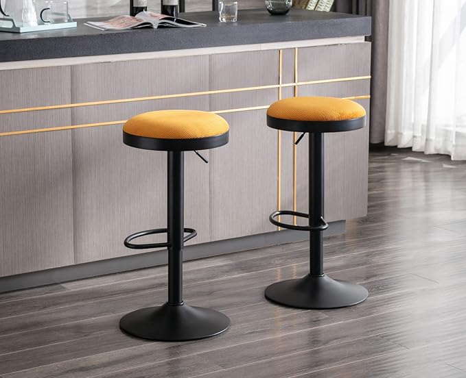 EALSON Modern Swivel Bar Stools Set of 6 Adjustable Counter Height Backless Barstools with Metal Base Fabric Upholstered Round Bar Stool Chairs for Kitchen Island/Pub/Breakfast Bar, Yellow