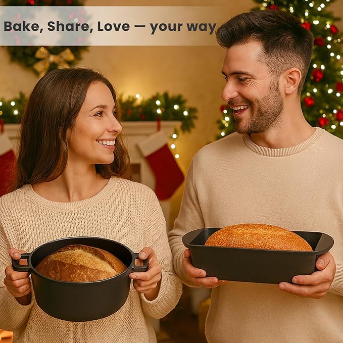 QuliMetal Cast Iron Cookware Set, 2-Piece Pre-Seasoned – 3.2QT Oval Bread Pan & 5QT Dutch Oven with Sourdough Starter Kit, Heavy Duty Cast Iron Bakeware for Artisan Bread, Home Cooking & Baking