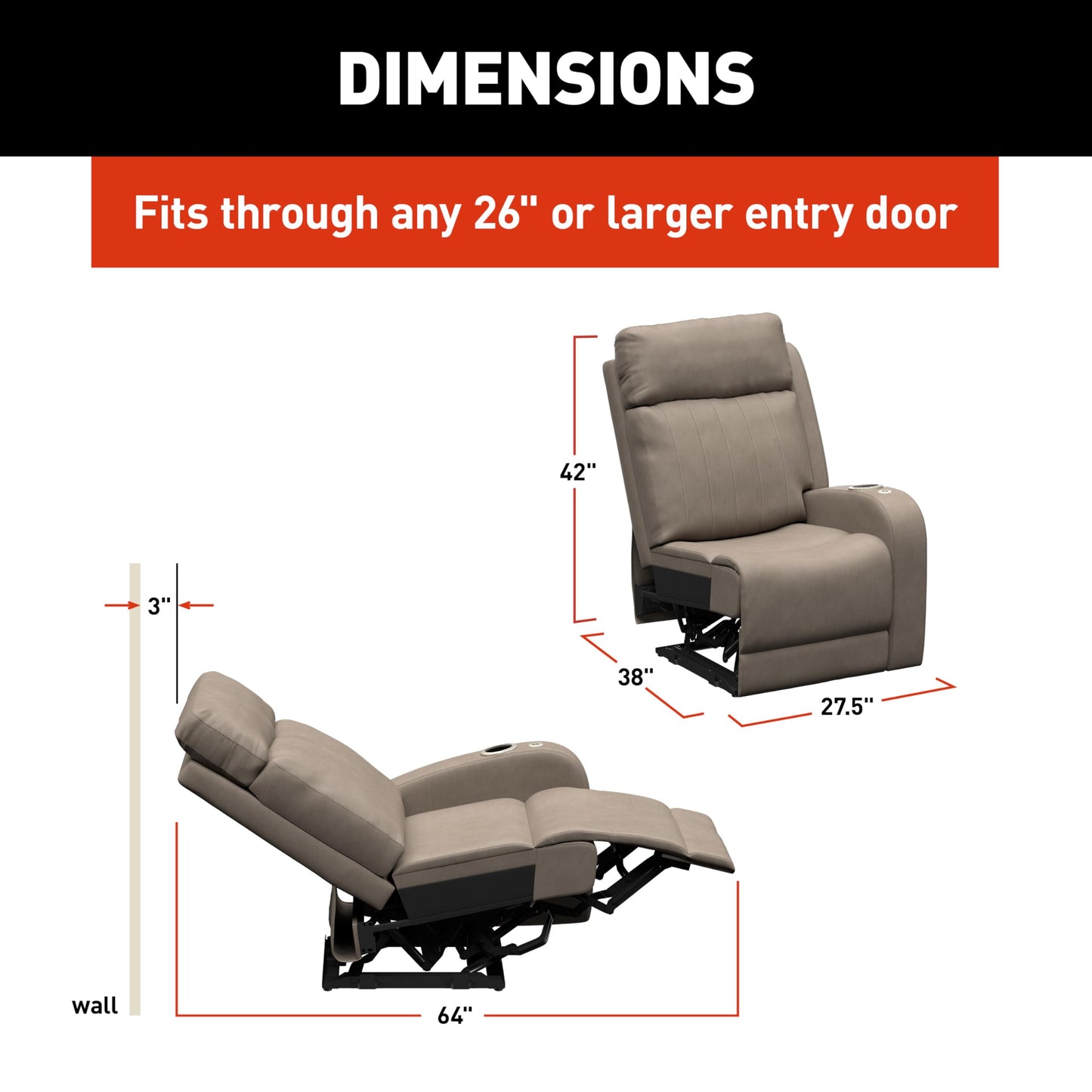THOMAS PAYNE Signature Seismic Series Driftwood RV Theater Seating Left Arm Recliner with Power Adjustable Lumbar, Headrest, Reclining, Heating, Massage, Integrated Cupholder Controls - 2024044197