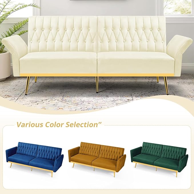 ACMEASE 70” Velvet Futon Sofa Bed with 2 Pillows and Adjustable Armrests, Convertible Sleeper Bed W/Adjustable Backrests, Modern Loveseat for Living Room, Bedroom, Beige