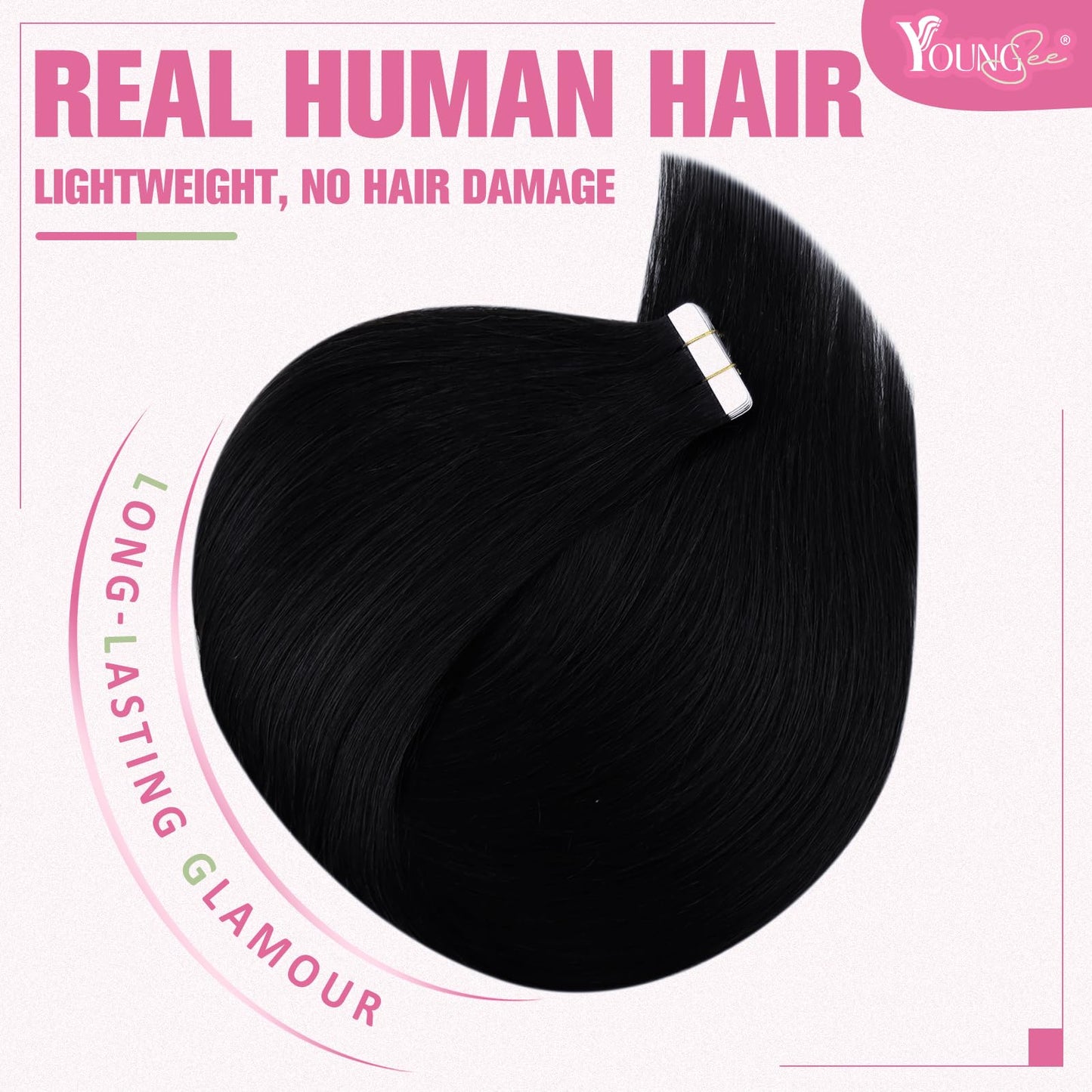 YoungSee 28 Inch Tape in Hair Extensions Human Hair Black Tape in Extensions Real Human Hair Jet Black for Long Hair 50g Tape in