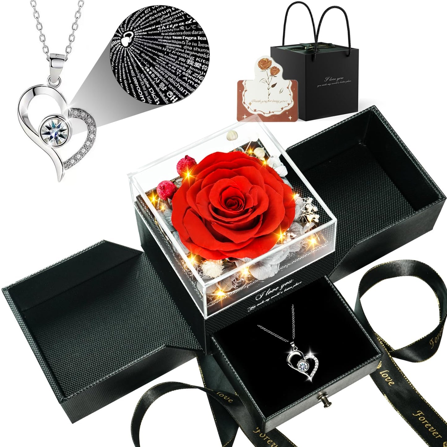 Birthday Gifts for Women, Preserved Real Roses with Heart Necklace I Love You in 100 Languages, Romantic Anniversary Wedding Gifts for Women Her Girlfriend Wife, Forever Roses Necklace Gift Box Red