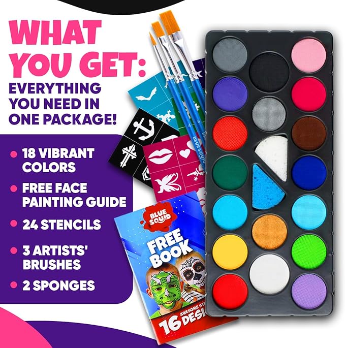 Blue Squid Arts & Crafts Box (Blue)- 2800+ pcs Deluxe Craft Supplies Box with Face Painting Kit for Kids – 18 Colors Kids Face Paint Kit Palette with Stencils & Guided Tutorial