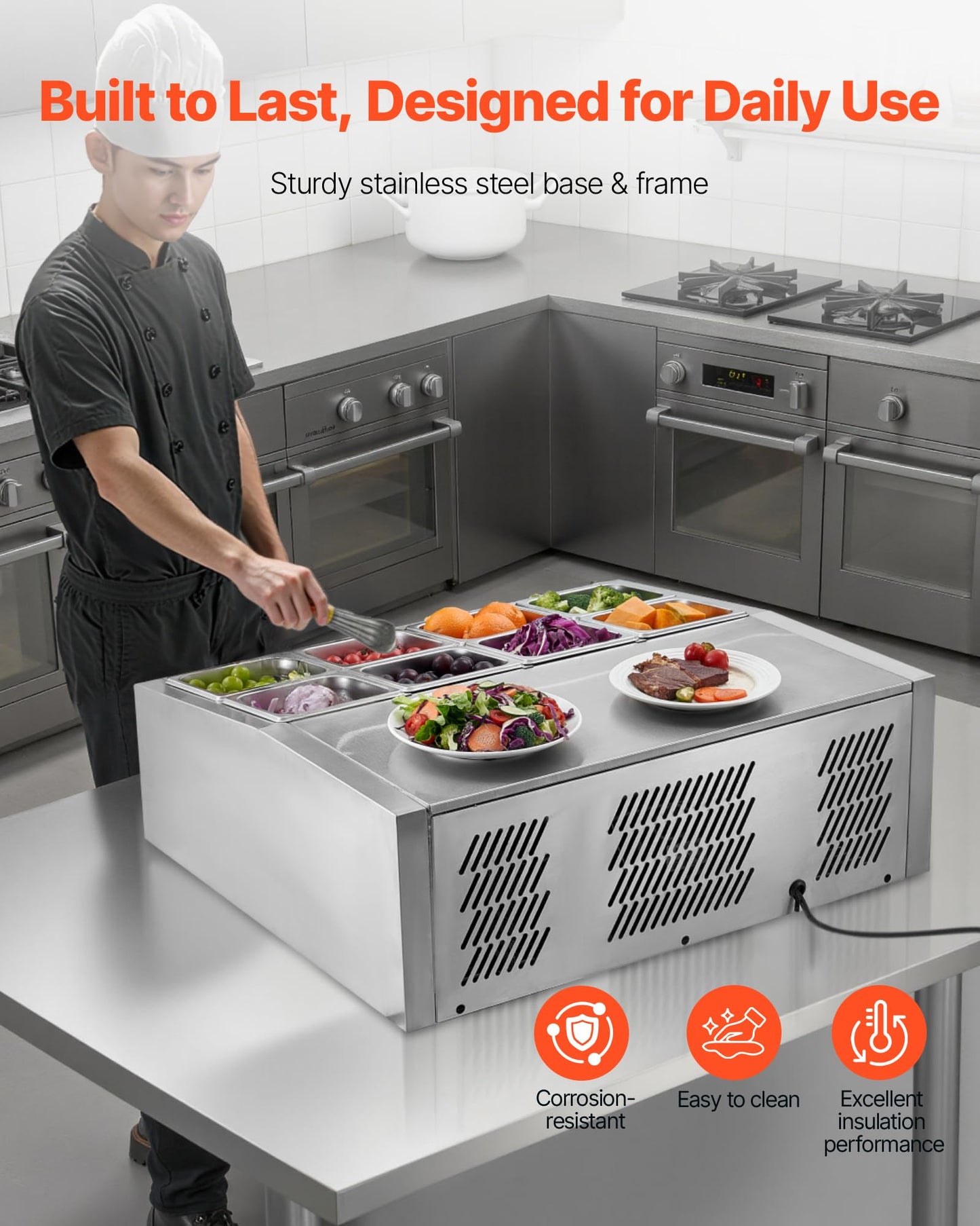 VEVOR Refrigerated Condiment Prep Station, 150 W Countertop Refrigerated Condiment Station, with Eight 1/6 Pans, 304 Stainless Body and PC Lid, Sandwich Prep Table, for Restaurant & Food Stall