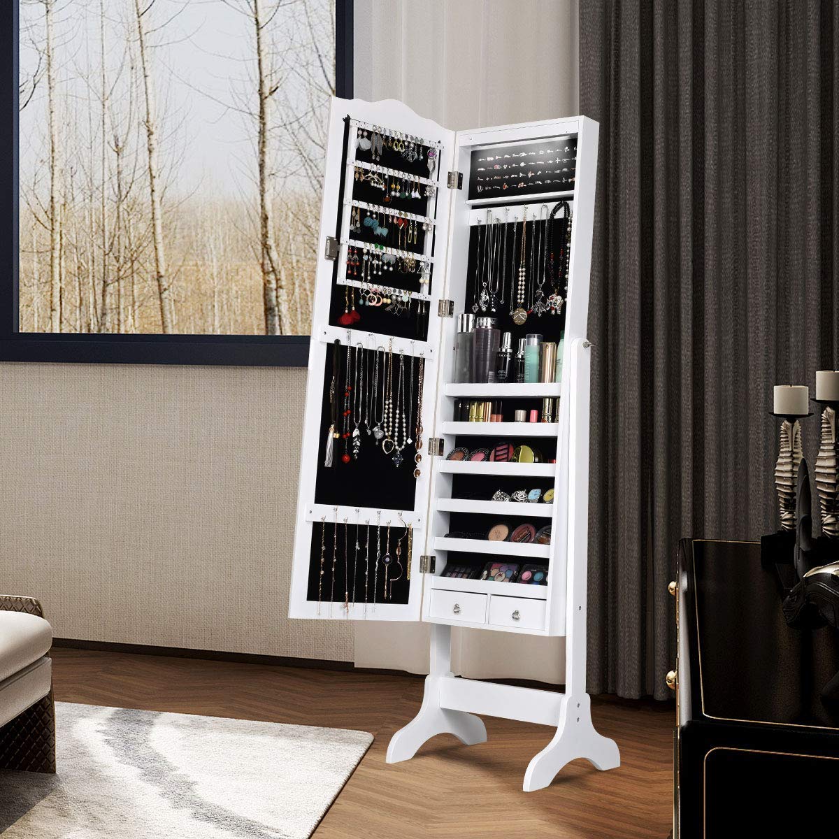 HOMGX (White 14 LEDs Mirror Wood Cabinet, Lockable Standing Armoire with Key, Jewelry Storage Organizer with 2 Drawers and 4 Angles (Jewelry Cabinet)