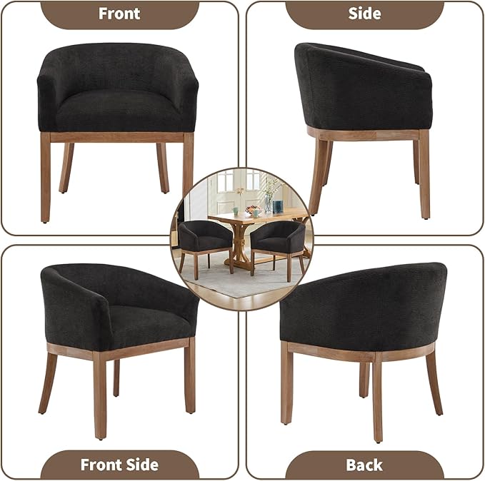 Shenyon Black Dining Chairs Set of 6, Upholstered Linen Fabric Dining Room Chairs with Arms and Solid Wood Legs, Comfy Barrel Accent Chairs for Dining Room, Living Room, or Cafe