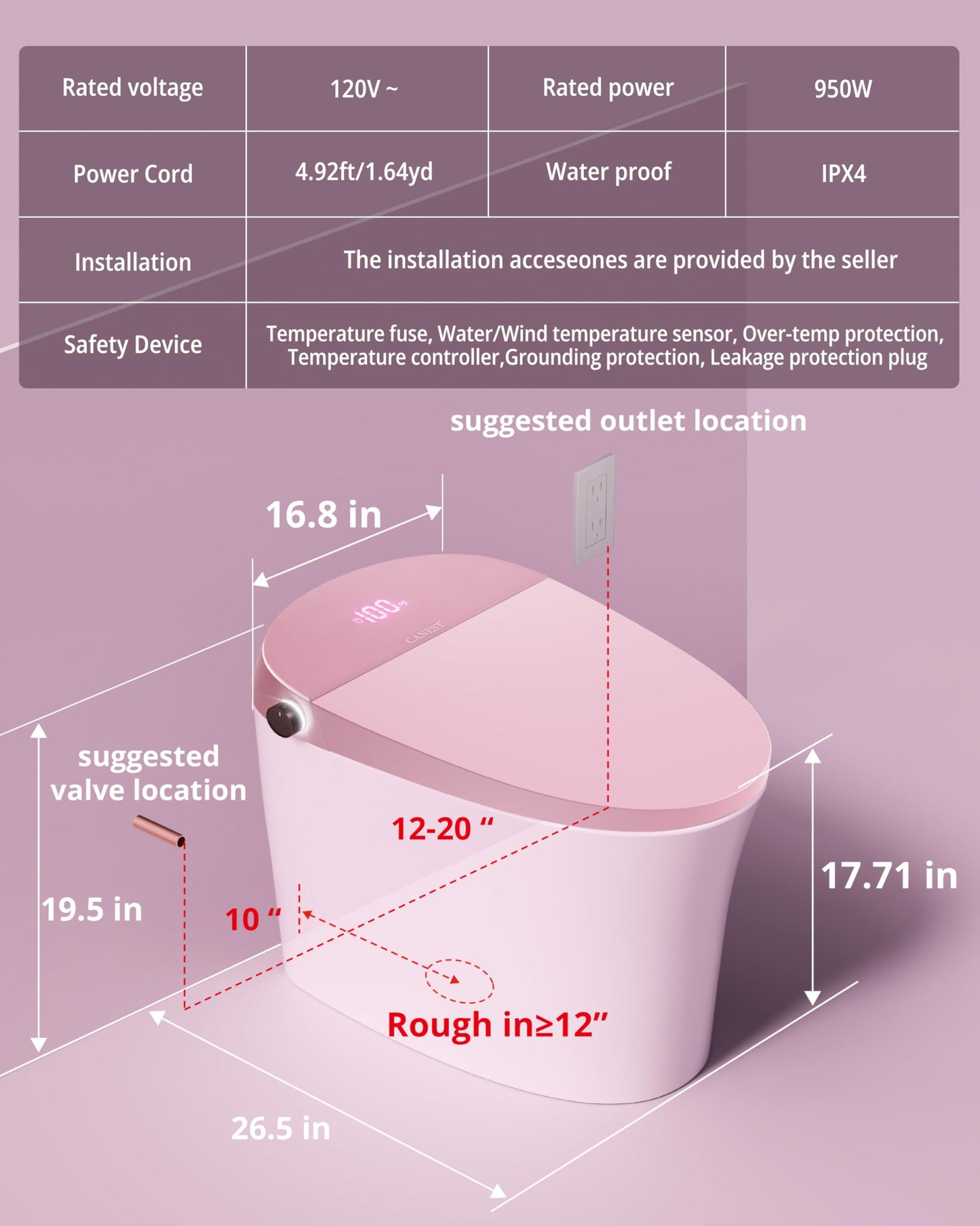 CANEST Pink Smart Toilet with Bidet Built In, ADA Comfort Height Bidet Toilet with Tank, Auto Open&Close Lid, Adaptive Heated Seat Warm Water Dryer, Foot Sensor, 1000g MAP Flush, Remote Control