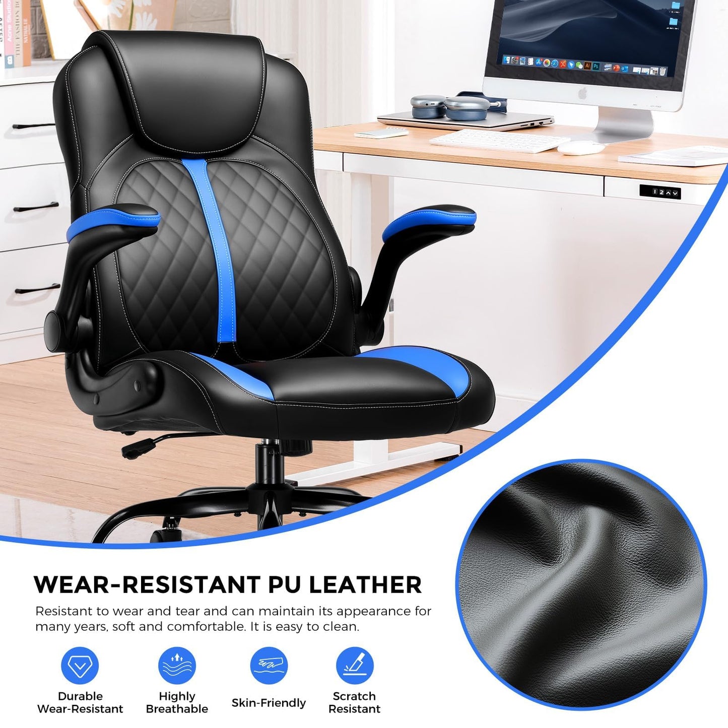 COMHOMA Office Computer Gaming Chair Ergonomic Desk Chair for Adults with Lumbar Support Flip-Up Arms Adjustable Height Swivel Wheels PU Leather Executive Design for Short People Use, Blue