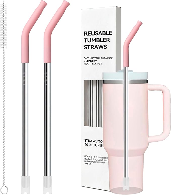 Metal Straws With Silicone Tip For Stanley 40 oz Tumbler,Long Stainless Steel Straws Replacement for Stanley Quencher H1.0 H2.0 40oz Cups,Reusable Dishwasher Safe Fit Simple Modern&Big Size Cups Pink