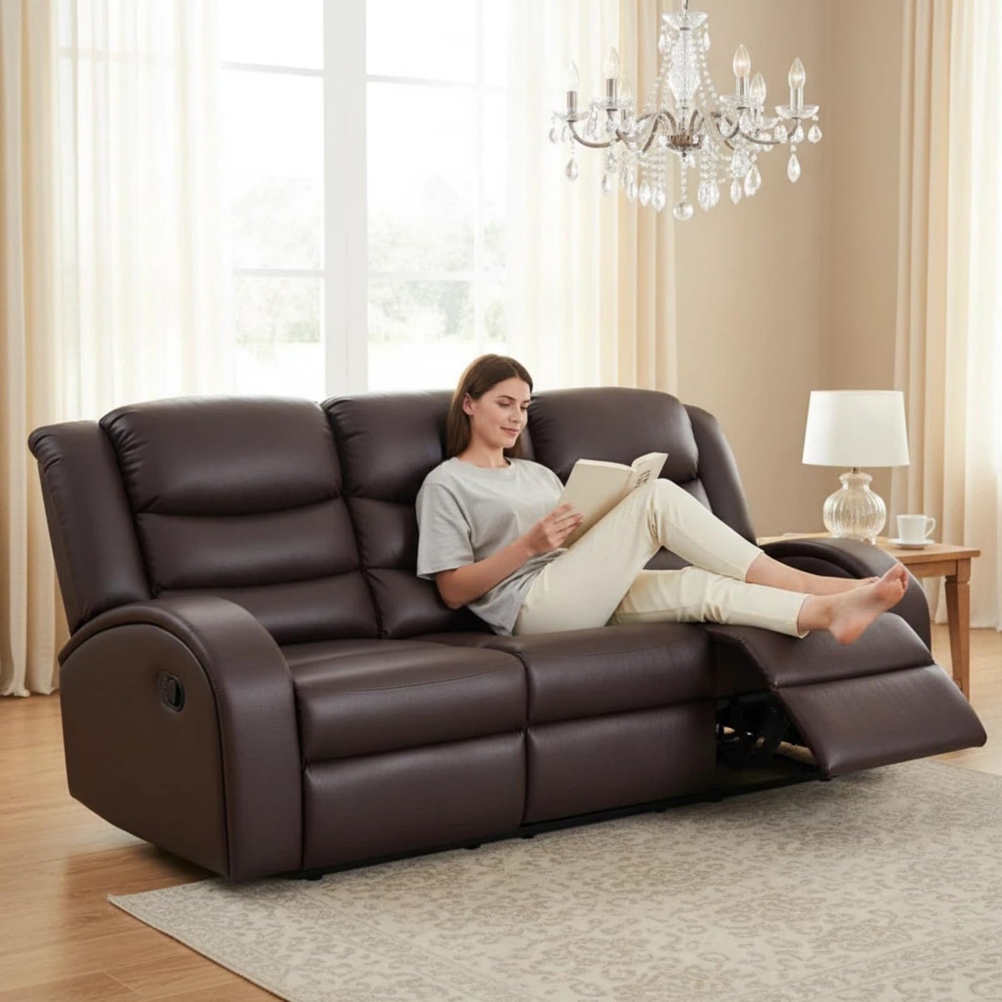 Trygoal Leather Recliner Sofa Set, Living Room Furniture Set, Adjustable Backrest Reclining 3-Seat Sofa & Manual Recliner Chair, Comfortable Reclining Seats for Home Theater, Apartment, Brown