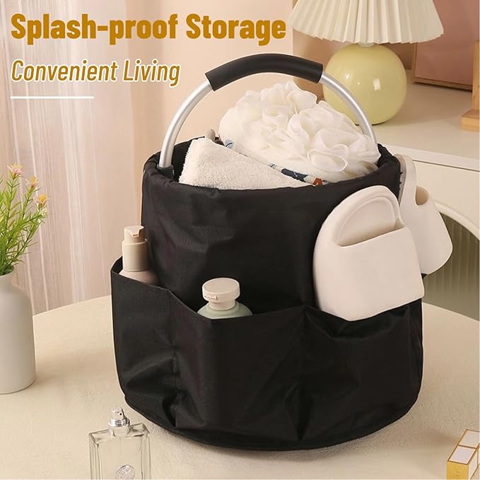 17L Foldable Storage Basket with 6 Side Pockets Cleaning Caddy with Handle Folding Storage Bin for Home Bathroom Camping Gardening (Black)