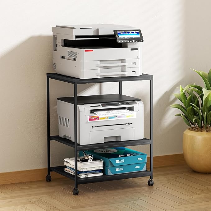 Vokumba Large Printer Stand with Wheels, 3 Tier Printer Table for Home Office, Rolling Printer Cart with Adjustable Storage Shelf for Shredder Scanner Fax (Black)