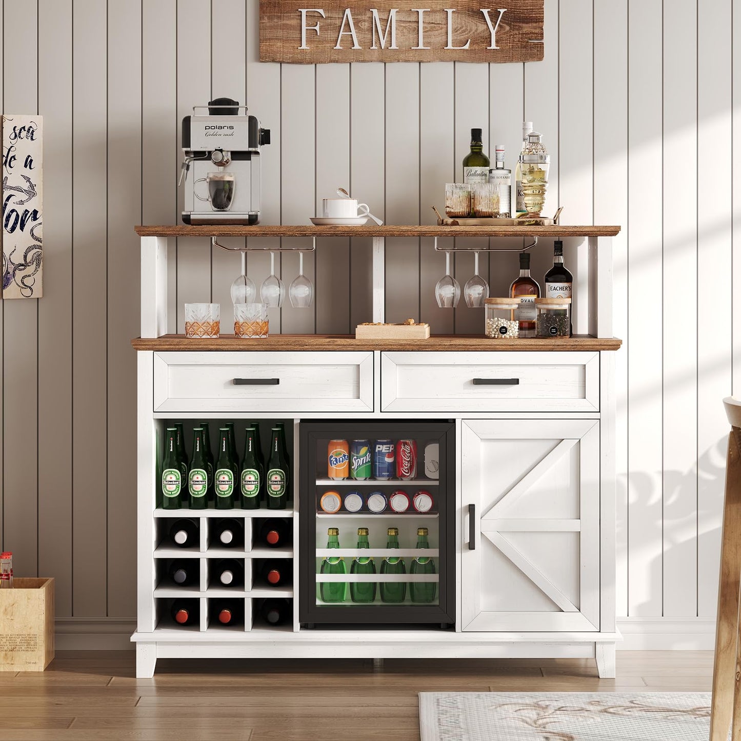 AMERLIFE 47" Farmhouse Coffee Bar Cabinet with 15" Refrigerator & Wine Rack & Glass Holder, Wine Cabinet with Storage Drawers & Open Shelves, Sideboard Buffet Cabinet for Dinging Room, Living Room