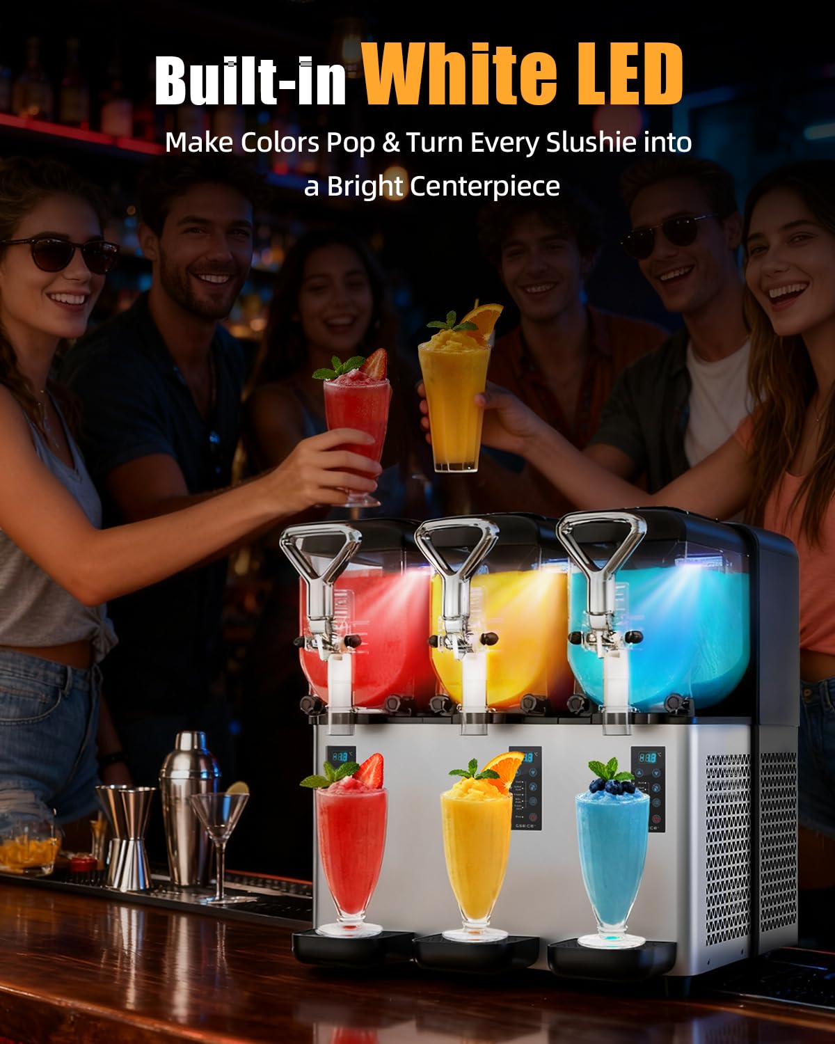 5-in-1 Commercial Slushy Machine, 135oz x 3 Tank Slushie Machine with LED Lights for Party Bars, No Ice Needed, Superior Smooth Output Margarita Machine for Slush, Cocktails, Frappe, Milkshake, Juice