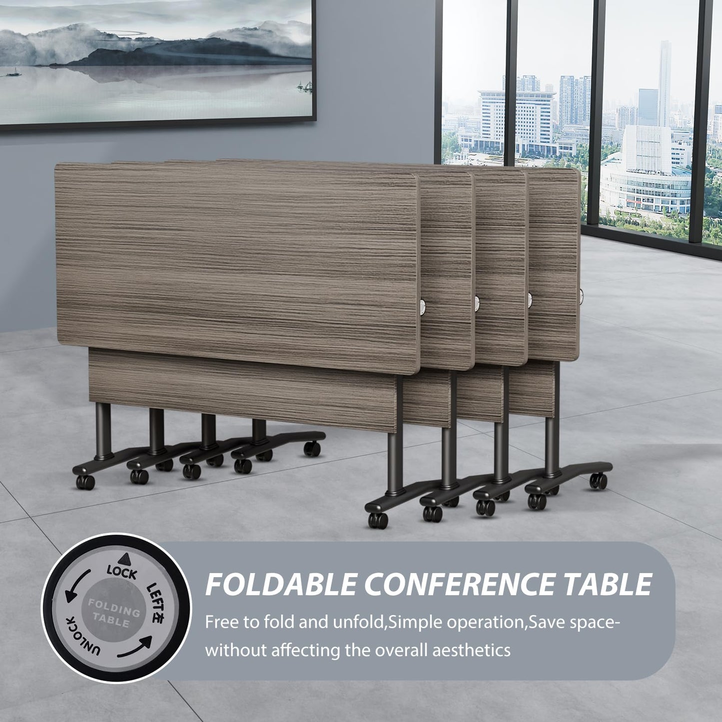 Folding Conference Room Table with Wheels, 6ft Modular Large Mobile Modern Conference Tables Office Meeting Training Table for Classroom(4, Gray, D 55")