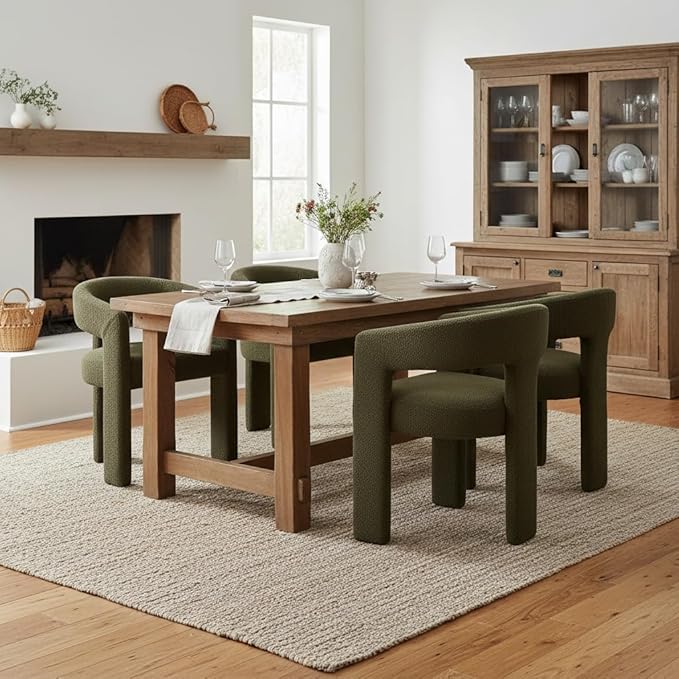 DAYALANE Modern Barrel Green Dining Chairs Set of 4, Upholstered Boucle Dining Room & Kitchen Chair with Curved Back, Comfy Accent Side Reading Armchair for Living Room Bedroom Home Office, Green