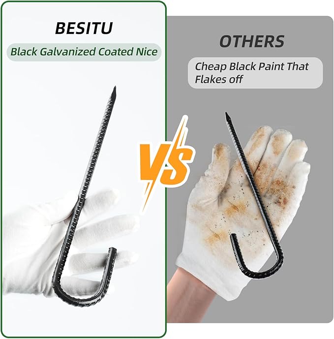 Besitu 12 Inch Rebar Stakes J Hook Ground Stakes 16-Pack Heavy Duty Galvanized Chain Link Fence Stakes Metal Tent Stakes for Outdoor Lawn Decorations Inflatables Canopy Swing Set