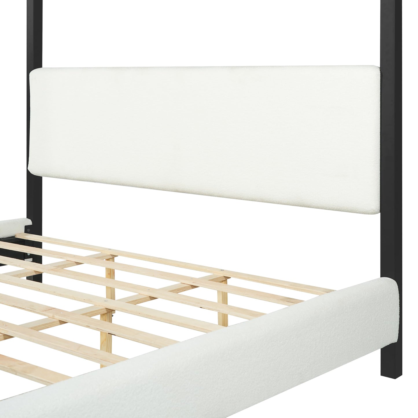 Merax Modern Queen Szie Metal Canopy Bed with Plush Bouclé Upholstery,Four-Poster Bed with Wood Slat Support,Padded Headboard & Side Rails,No Box Spring Needed,Luxury Bedroom Furniture,White+Black