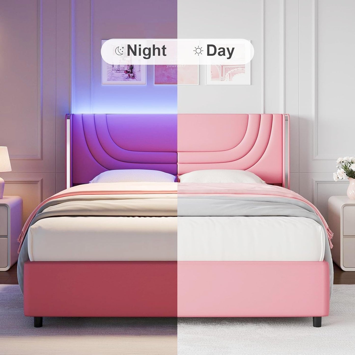 REVOMINCA Pink Twin Bed Frame with LED Lights, Faux Leather Upholstered Platform with Silver Wingback Headboard, Modern Style, No Box Spring Needed, Easy Assembly