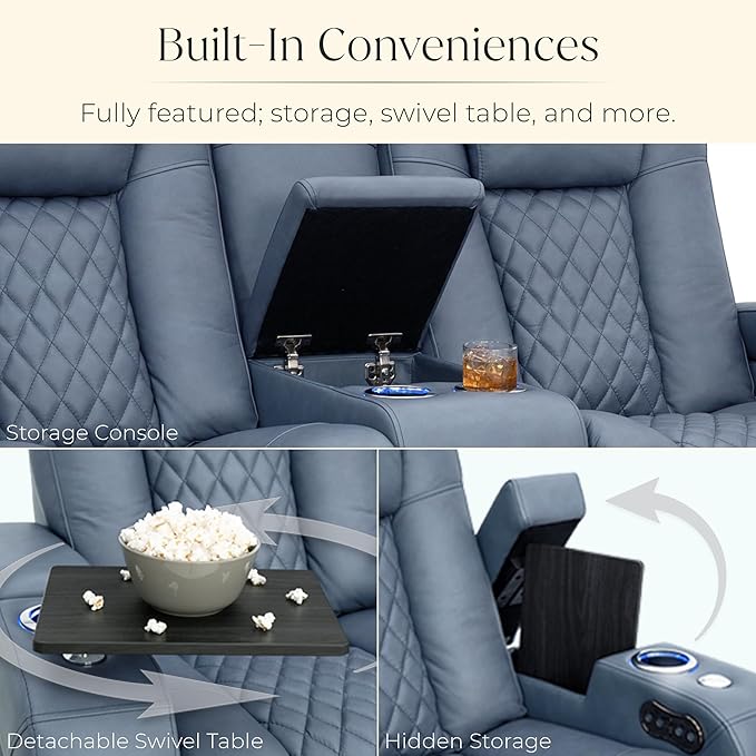Seatcraft Anthem Italian Leather Loveseat w/Storage Console, Living Room, Power Headrest, Power Recline, Smokey Blue
