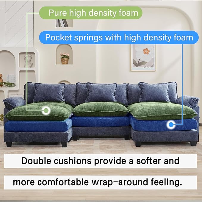 Oprisen 120" Modular Sectional Sofa, Comfy Cloud Couch Sectional Sofa with Ottoman, Chenille Sofa Sleeper Deep Seat Sofa with Throw Pillows for Living Room (Blue, 120"- U Shape)