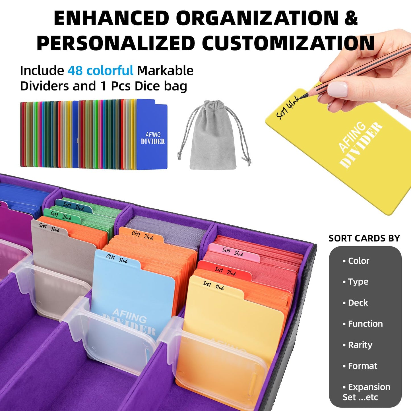 AFIING 4-Row [3200+] Trading Card Storage Box,card Organizer Holder With 4 suppoters & 48 Dividers, Case Fit for Mtg Tcg Magic Commander Deck Playing Cards, Deck Box for Baseball Sport cards Purple
