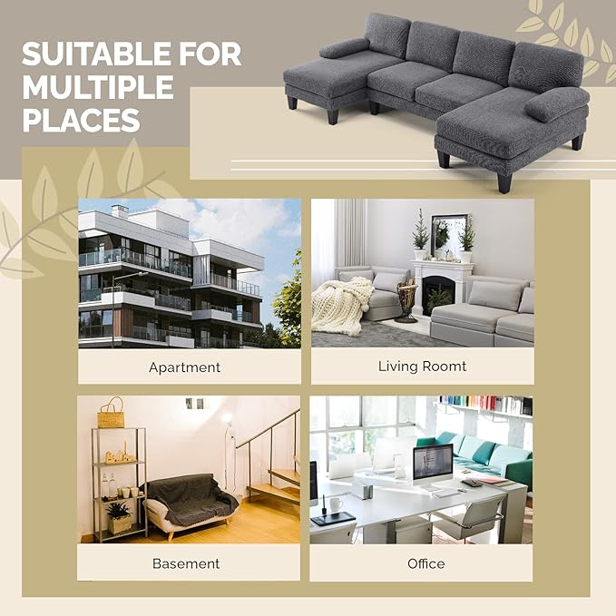 VINGLI 110' U-Shaped Sectional Couch with Two Chaise, Affordable Small Sofa with 4 Seats, Chenille Fabric Comfy Couches for Living Room, Dark Grey