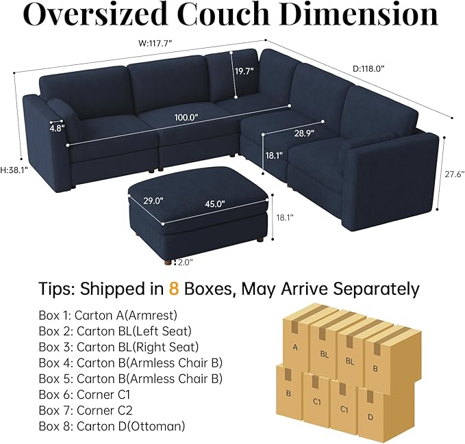 CUGOAO 117.7'' Modular Sectional Sofa, Oversized L-Shaped Sectional Couch with Ottoman, Deep Seat Chenille Cloud Couch, Mordern Upholstered Couches for Living Room, Apartment, Office, Blue
