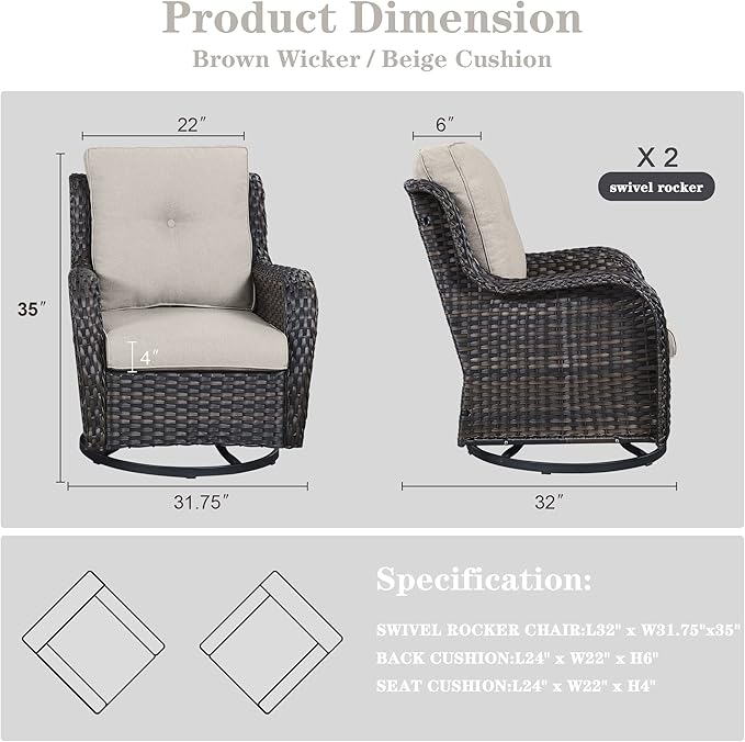 Belord Outdoor Swivel Rcoker Patio Chairs - Outdoor Swivel Patio Chairs Set of 2 Wicker Chair Patio Furniture Sets with Covered Cushion for Porch Deck Balcony Garden, Beige