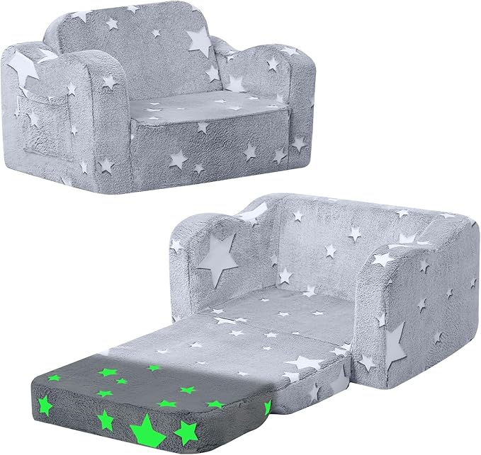 MeMoreCool Kids Glow Star Sofa Chair – 2-in-1 Foldable Toddler Lounger, Gray | Convertible Couch for Playroom or Nursery | Soft Foam Seat | Removable & Washable Cover | Glows in The Dark