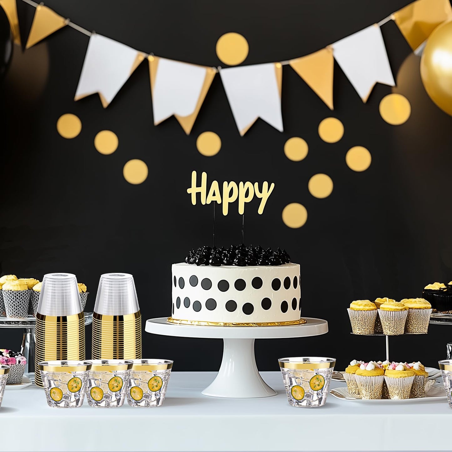 Bestluck 100 Pack 9 oz Gold Plastic Cups, Clear Disposable Cups with Gold Rim, Plastic Cocktail Glasses for Party & Graduation & Wedding